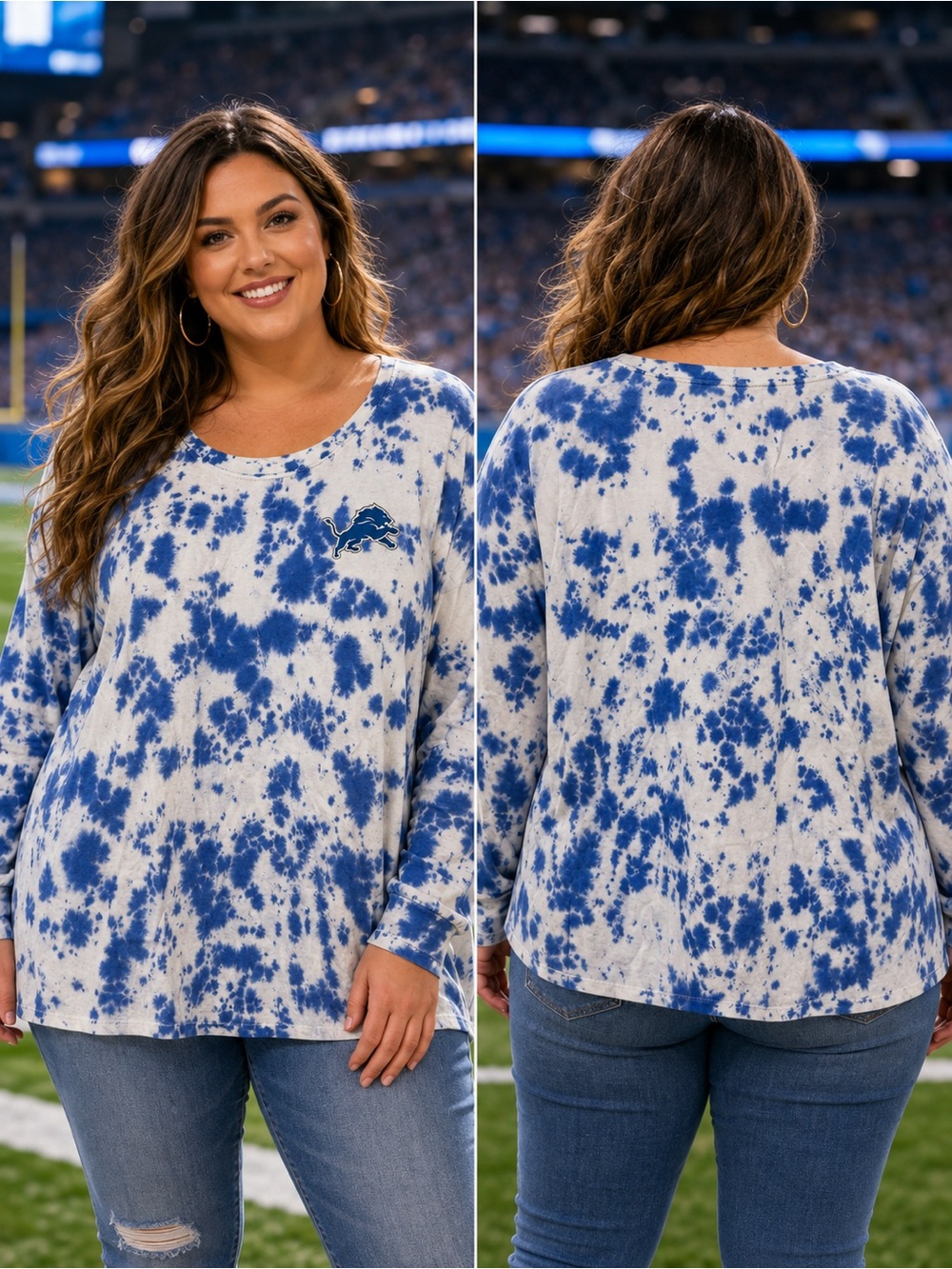 🆕 Fanatics Detroit Lions Women’s 4X Blue White Tie Dye Long Sleeve Shirt BNWT